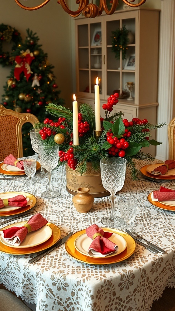A vintage Christmas table setting with lace tablecloth, mismatched china, candles, and festive centerpiece.